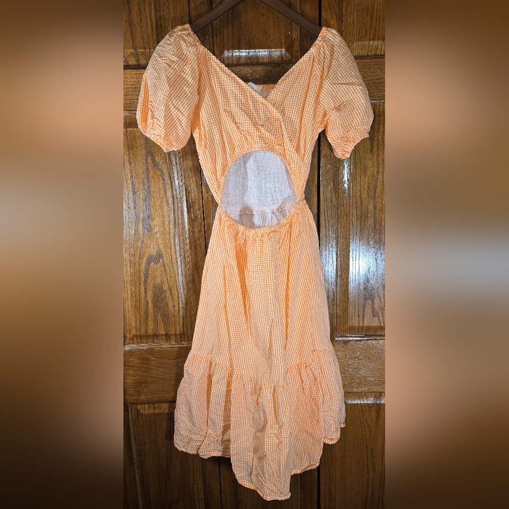 Sim & Sam Orange and White Checked Puffed Sleeve Cut Out Midi Dress, sz M